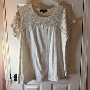 Suzanne Betro Cream Short Sleeve Crochet Yoke Top